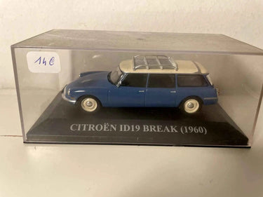 Voitures Miniatures Citroën ID19 break bleue et toit blanc cassé avec galerie (boite plexi) - Bernard Miniatures