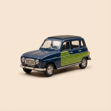 Voiture miniature - Renault 4L Parisinne bleue foncée et avec damiers verts et jaunes de 1965 - Vitesse référence L129B (boite carrée)