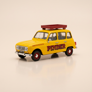 Voiture miniature - Renault 4L jaune PINDER service publicité (voiture rajoutée sur un socle)