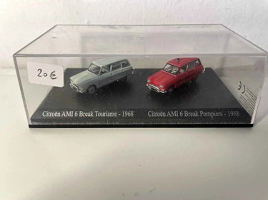 Citroën Ami 6 break tourisme verte pâle de 1968 + Citroën Ami 6 break pompiers rouge de 1968 (Echelle HO) Bernard Miniatures