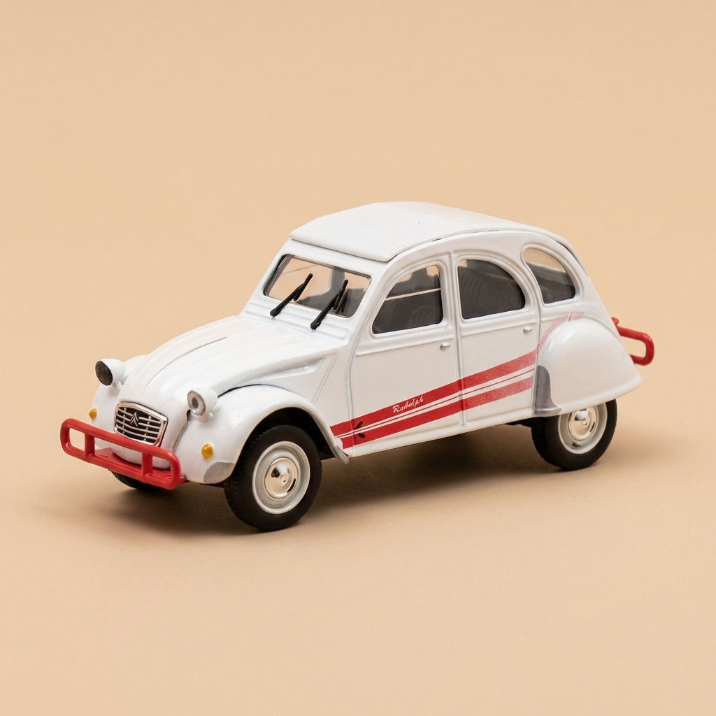 Citroën 2 CV 6 blanche et barres rouges (avec inscription "Rudolph") - Norev (sous blister)