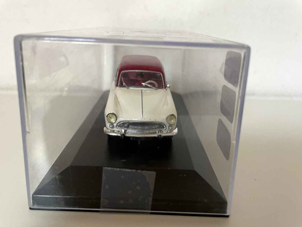 Beige Simca P60 with burgundy roof from 1961 (car added to a base)