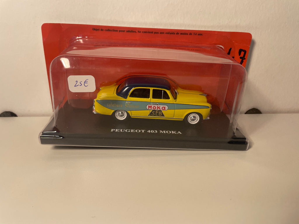 Peugeot 403 żółty i niebieski z reklamą MOKA - SEB (ekspresy do kawy)