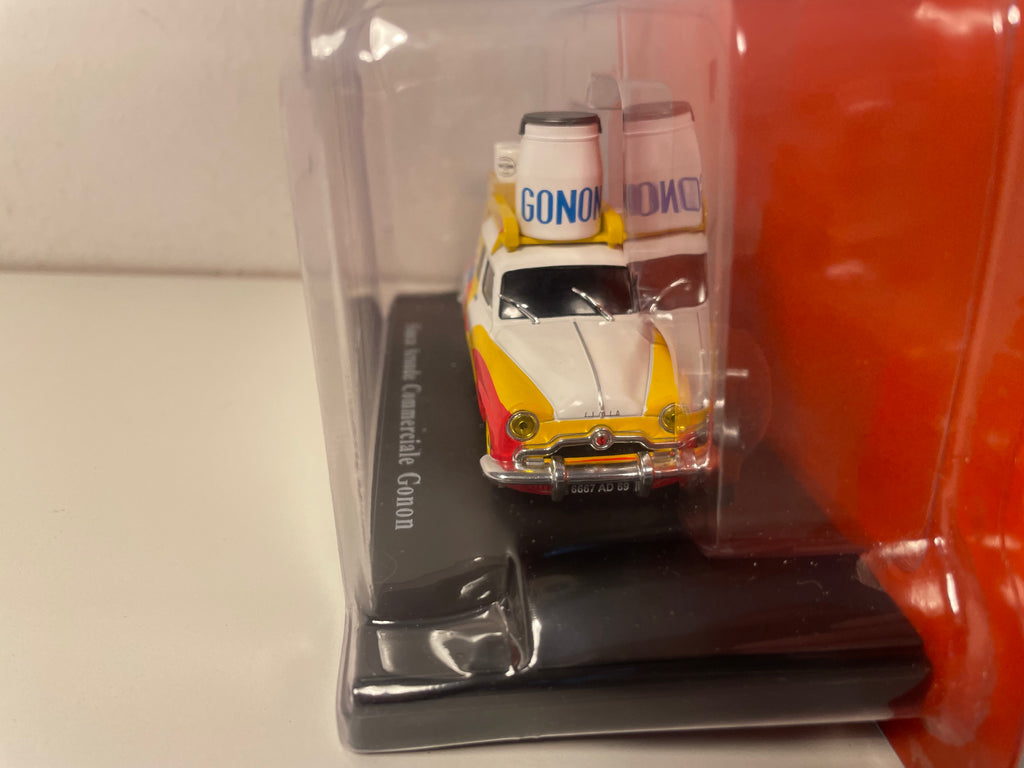 Simca Aronde commerciale giel, rout, wäiss an bloo mat GONON Reklamm (Mëllechprodukter)
