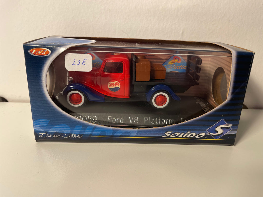 Camión plataforma Ford V8 azul, rojo y negro con publicidad PEPSI-COLA - Referencia Solido 99059 (con caja de cartón)