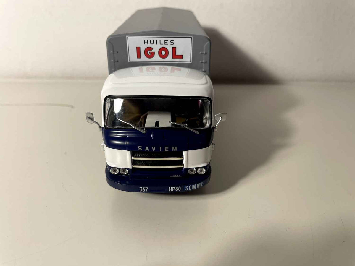 Camion Saviem JL21 bleu et blanc et bâche grise HUILES IGOL
