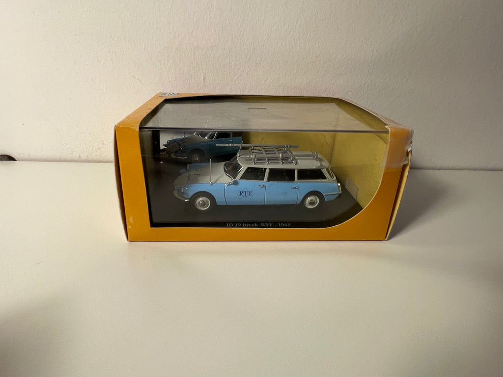 Citroën ID 19 break grise et bleue avec galerie de 1963 - avec publicité RTF (boite plexi) + boite en carton