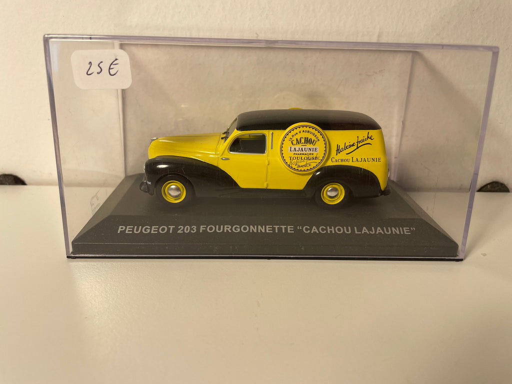 Peugeot 203 fourgonnette jaune et noire - Publicité "CACHOU LAJAUNIE"