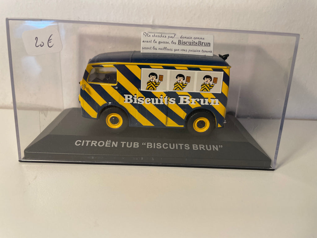 Citroën TUB rayuré bleu et jaune - Publicité sur les biscuits BRUN