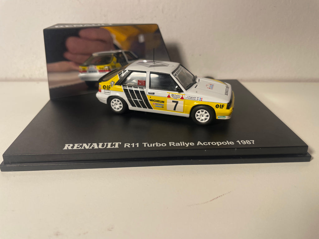 Renault 11 Turbo blanche, jaune et noire numéro 7 - rallye de l'Acropole de 1987 - IXO (coffret boite rectangle)