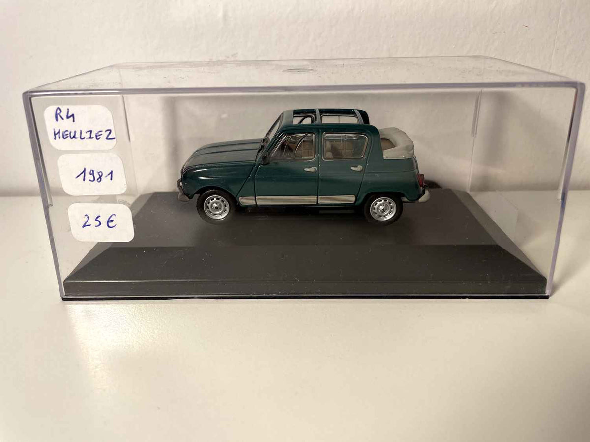 Renault 4 zielona Heuliez z 1981 roku (samochód umieszczony na podstawie)