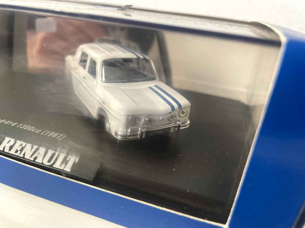 Renault 8 Gordini 1300 cc biała z niebieskimi paskami z 1967 roku (pudełko prostokątne) - NOREV