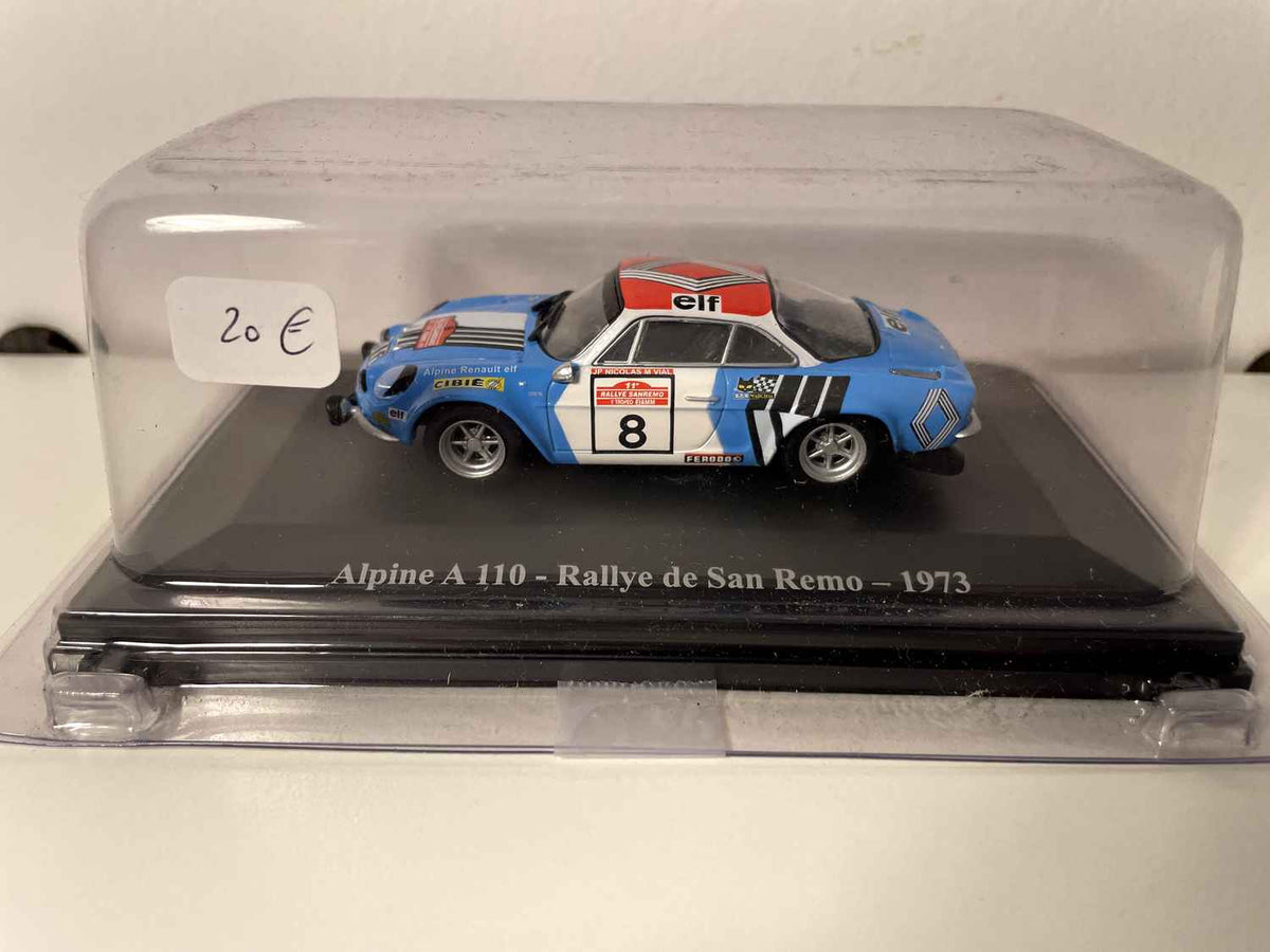 Renault alpine A110 blo, wäiss a rout Nummer 8 - San-Rémo Rallye 1973 (an Blister)