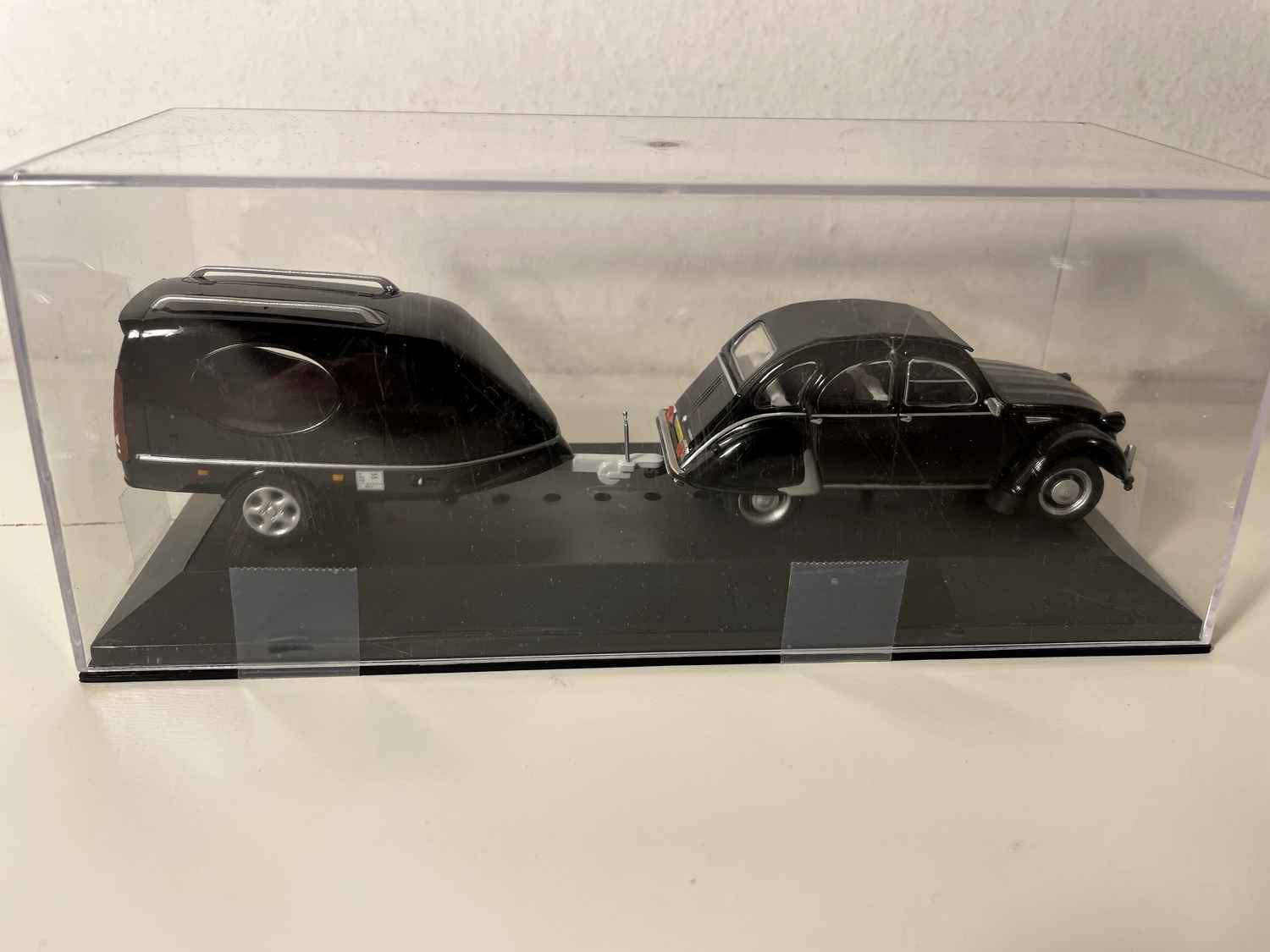 Citroën 2 CV with hearse trailer (car and trailer added on a base)