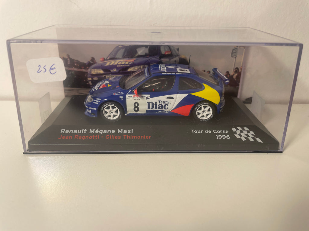 Renault Mégane Maxi bleue, blanche, rouge et jaune numéro 8 - Tour de Corse de 1996