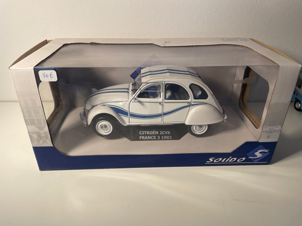 Citroën 2 CV 6 FRANCE 3 blanche et bleue de 1983 - SOLIDO (échelle: 1/18ème)