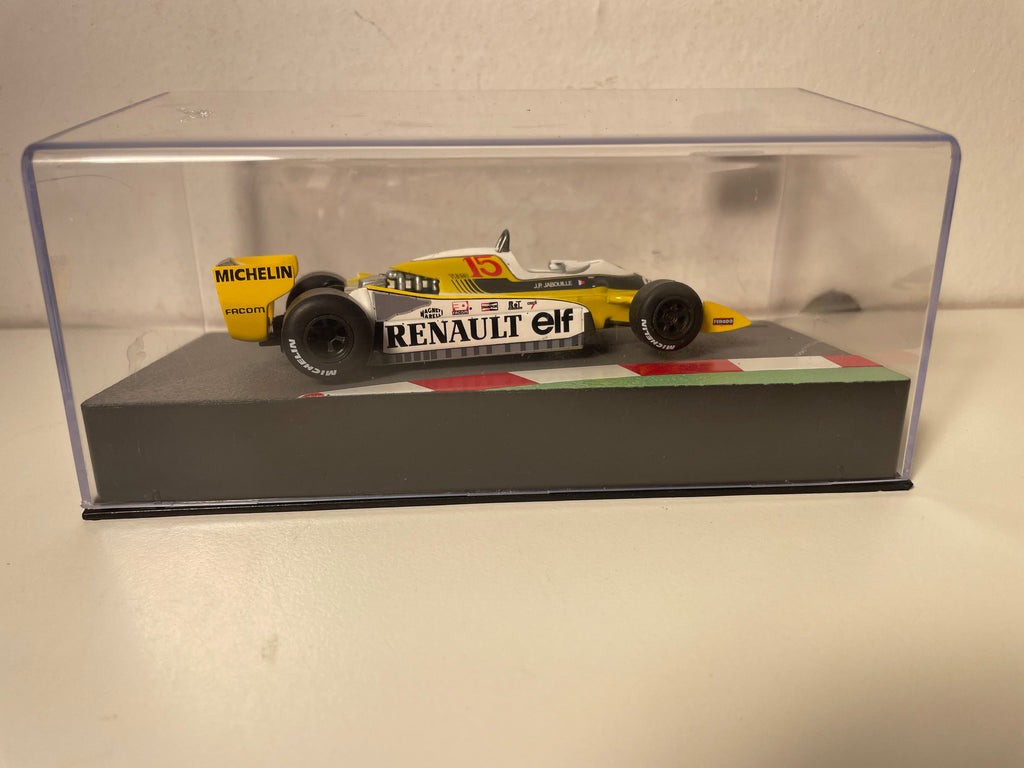 Renault RS10 wäiss, gielleg a schwaarz Nummer 15 vu 1979 - Formule 1