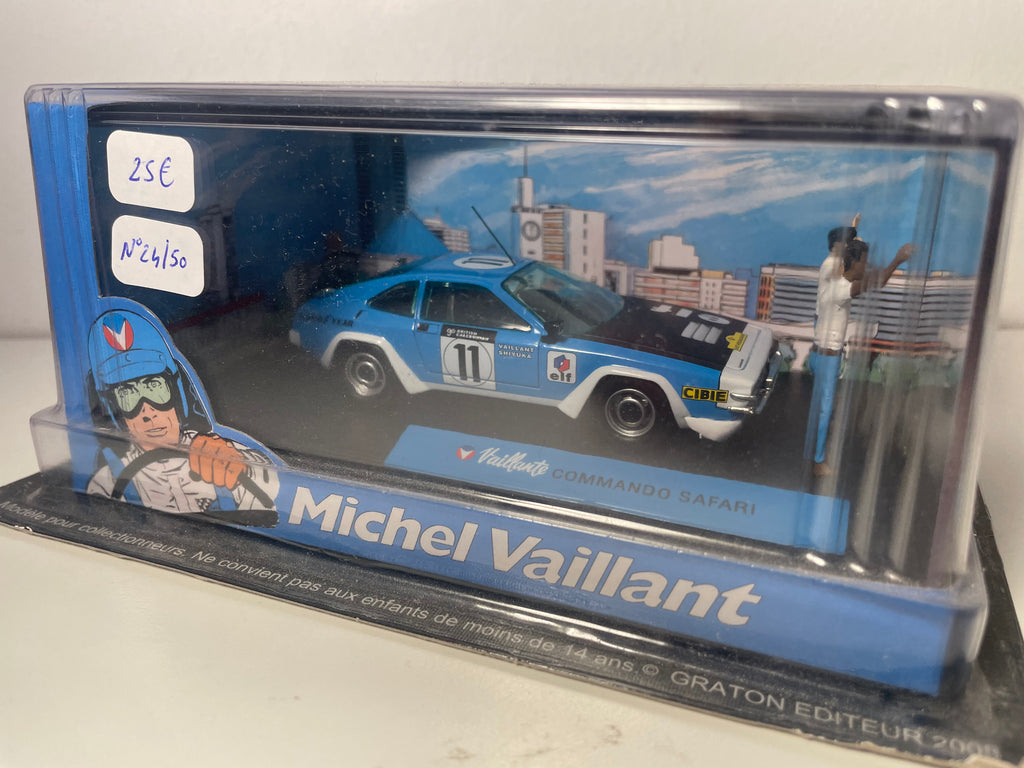 Voiture bleue, noire et blanche numéro 11 Vaillante Commando safari (Album l'enfer du safari) - Bande Dessinée Michel Vaillant