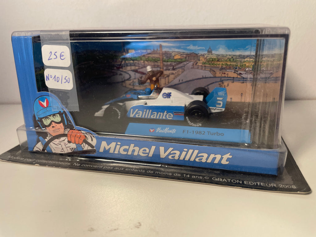 Weiss-blo Léitungsauto Nummer 3 (oder 5) Vaillante F1-1982 Turbo (Album 300 an der Stonn zu Paräis) - Band dessinée Michel Vaillant