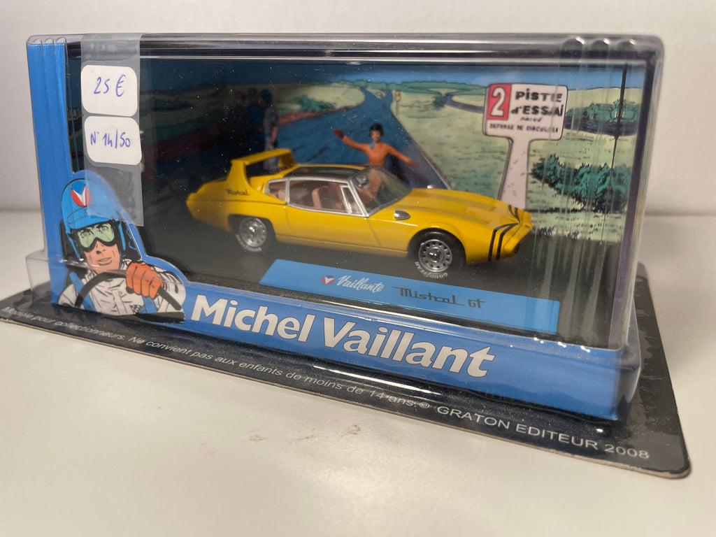 Coche amarillo Vaillante Mistral GT (Álbum De l'huile sur la piste) - Cómic Michel Vaillant