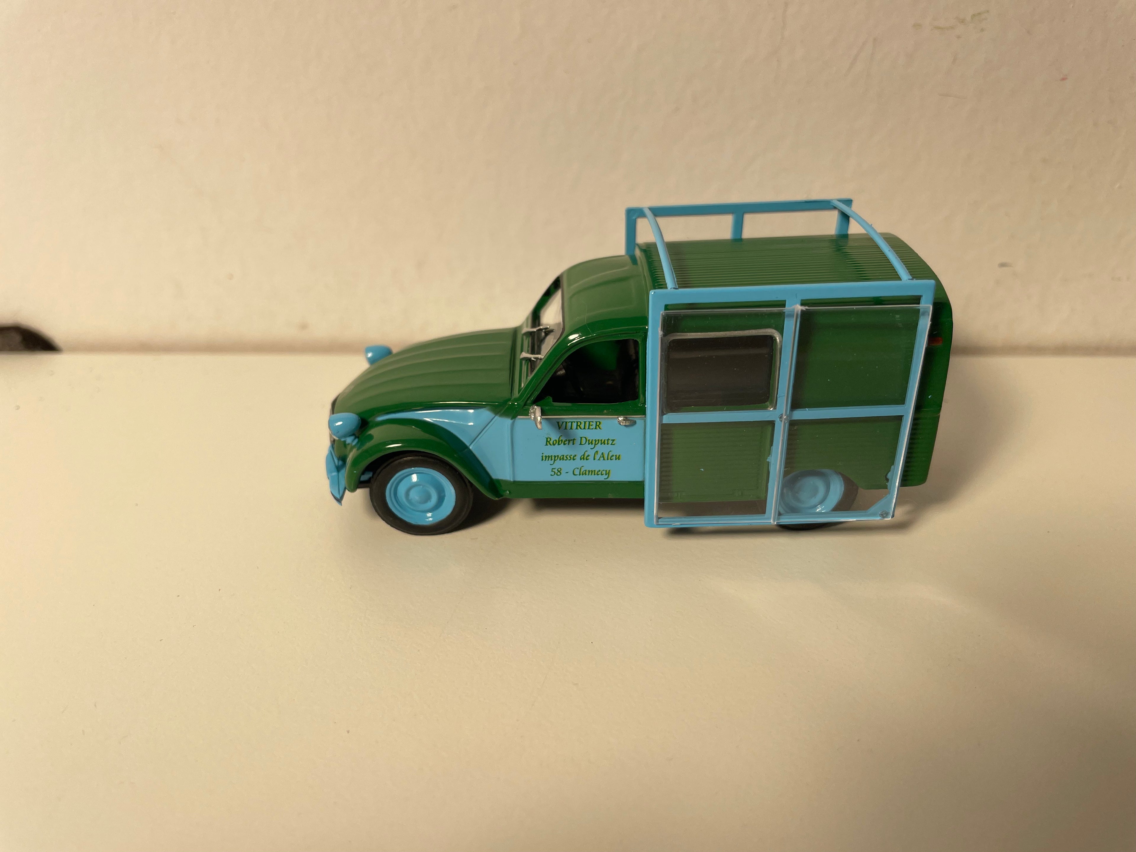 Citroën 2 CV furgoncino verde e blu Vitrier Robert Duputz a Clamecy (58) - (sotto blister)