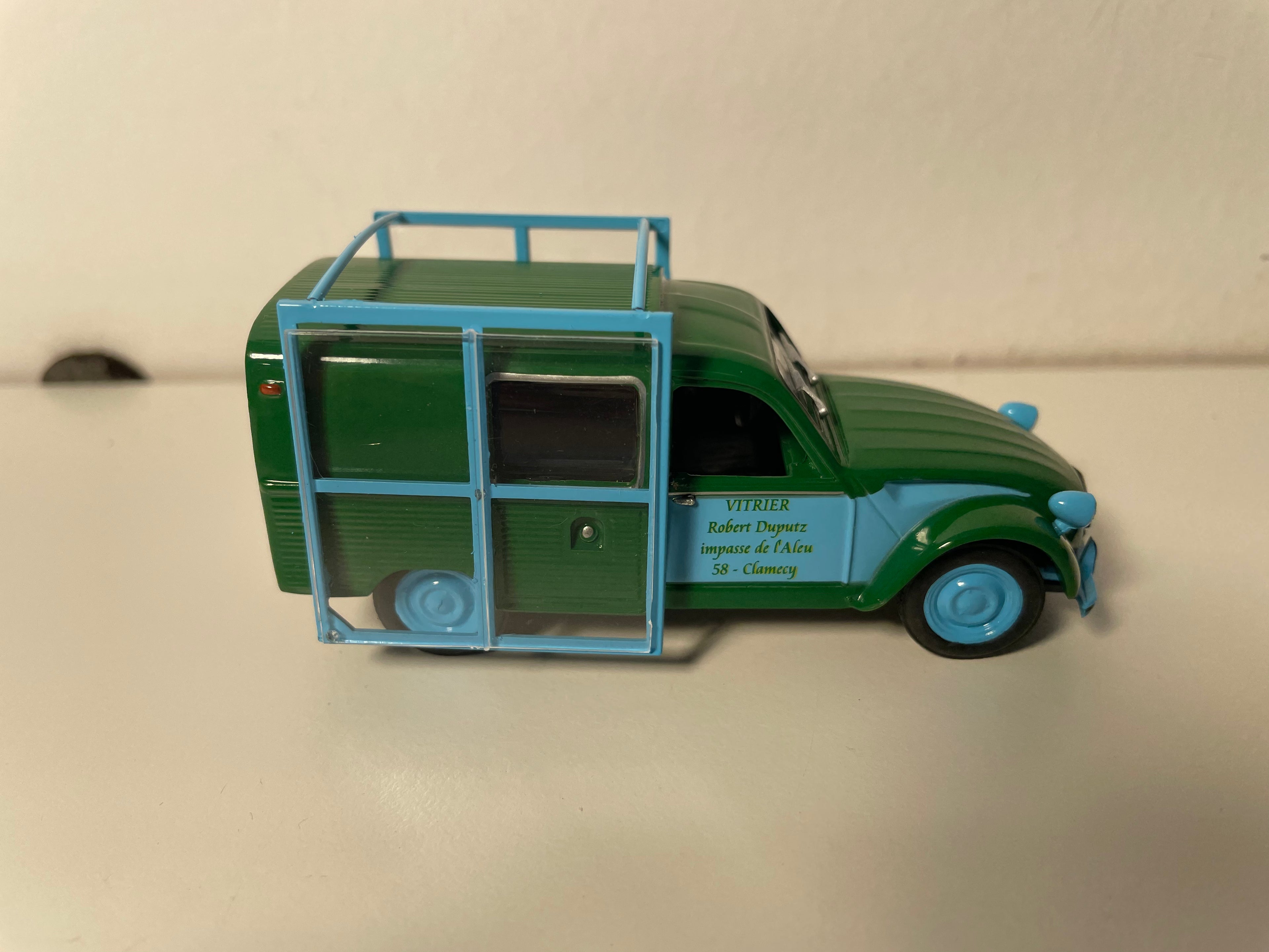Citroën 2 CV furgoncino verde e blu Vitrier Robert Duputz a Clamecy (58) - (sotto blister)