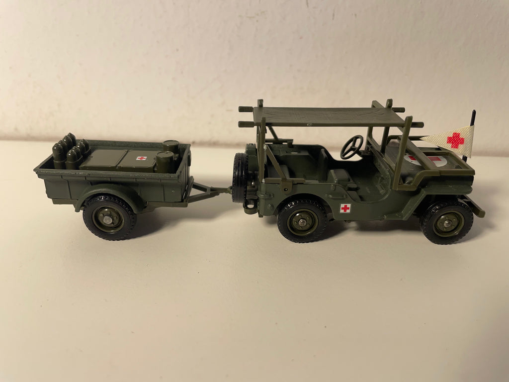 Jeep Willys militaire avec remorque (secours infirmerie) - Solido (fabrication ??) - boite N°EN9286
