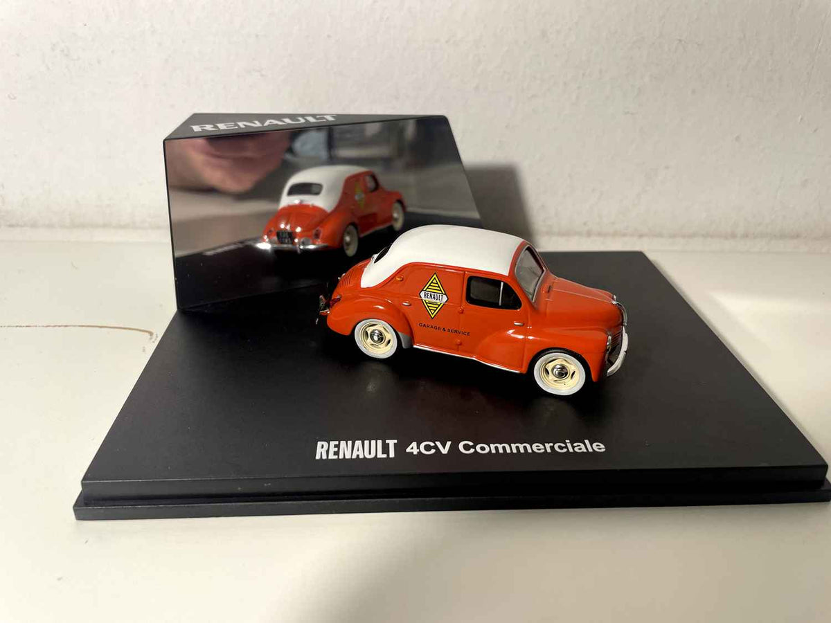 Renault 4 CV kommerziell orange a wäisst Daach mam Renault Logo (rechteckeg Këscht)