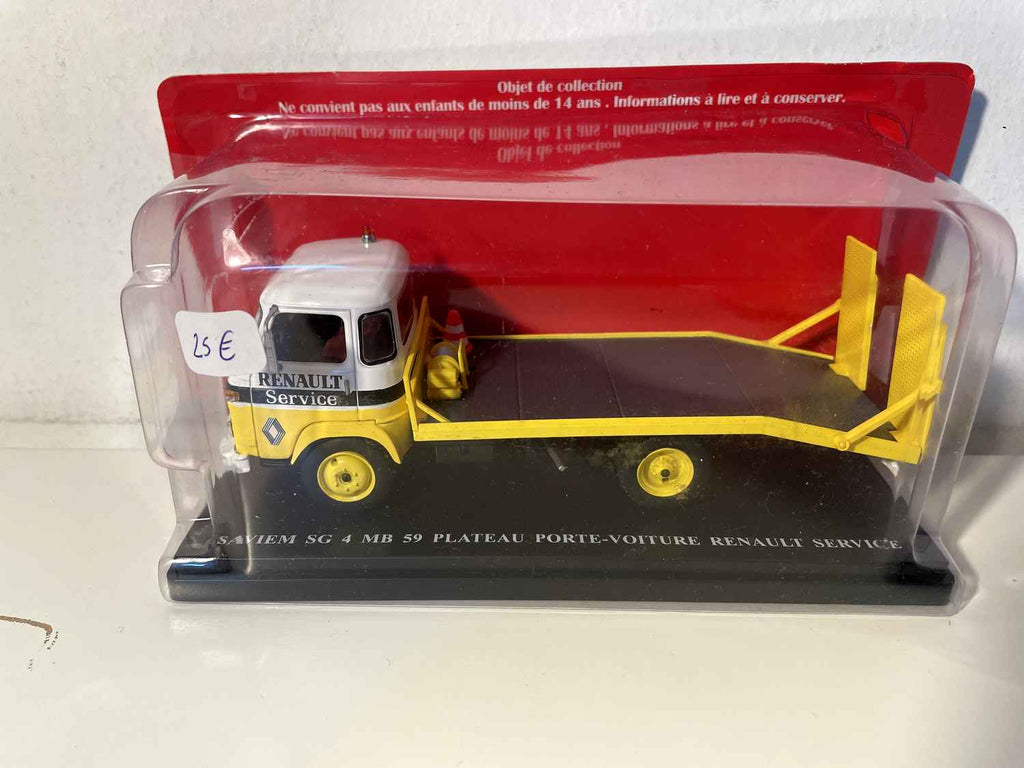 Camião plataforma para transporte de automóveis Saviem SG 4 MB 59, serviço RENAULT (camião amarelo e branco)