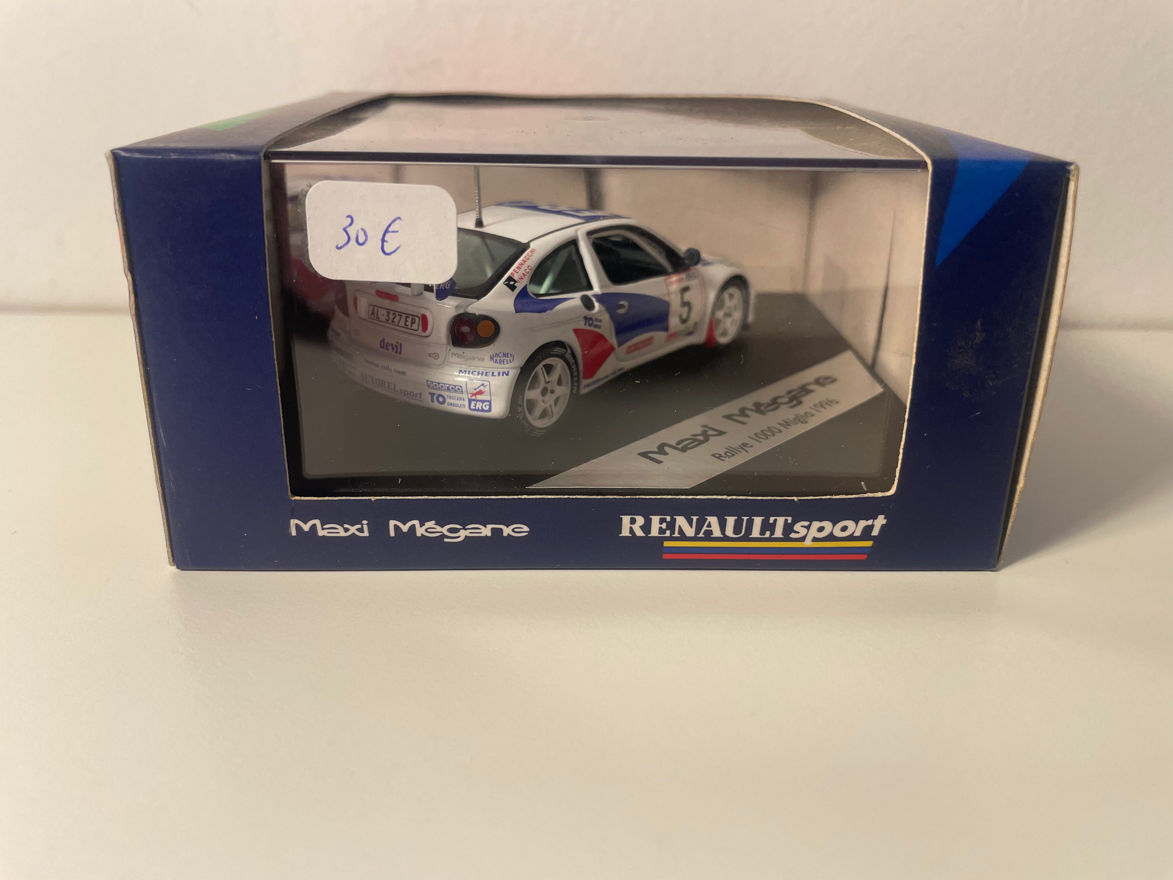 Renault Maxi Mégane Branco e Azul Número 5 - Rally 1000 Miglia de 1996 - Vitesse (Caixa Quadrada)