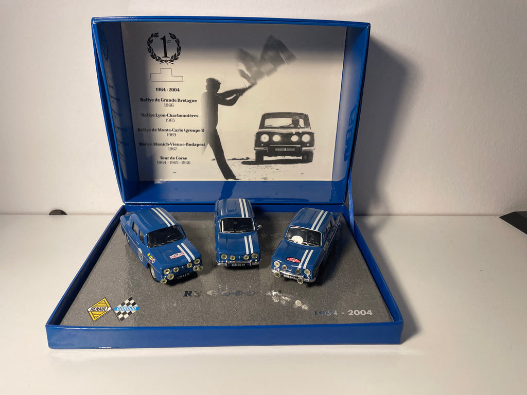 Renault 8 Gordini blauw - jubileumdoos met 3 auto's voor de 40ste verjaardag van de R8 Gordini (1964 - 2004) - blauwe rechthoekige doos - NOREV