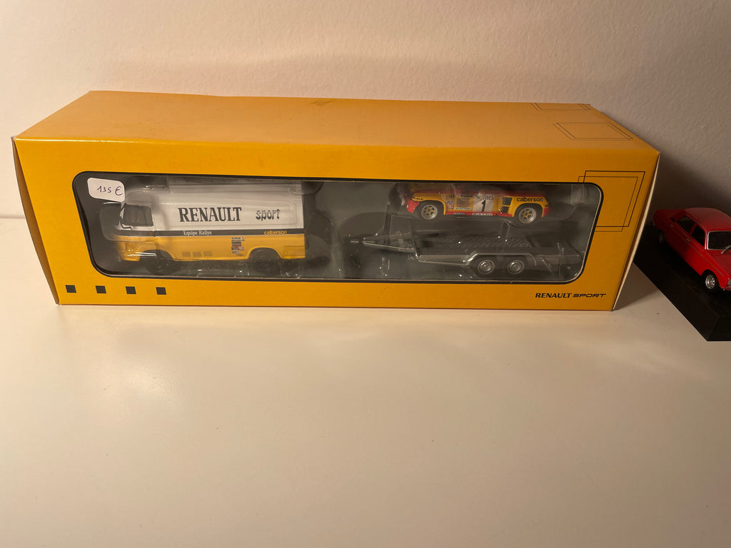 Coffret RENAULT SPORT com 1 caminhão Saviem amarelo e branco, 1 Renault 5 Turbo laranja, vermelho e preto, e 1 reboque - IXO
