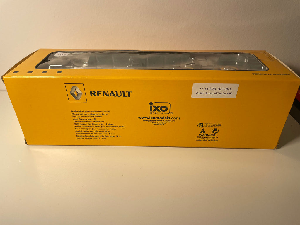 Coffret RENAULT SPORT com 1 caminhão Saviem amarelo e branco, 1 Renault 5 Turbo laranja, vermelho e preto, e 1 reboque - IXO