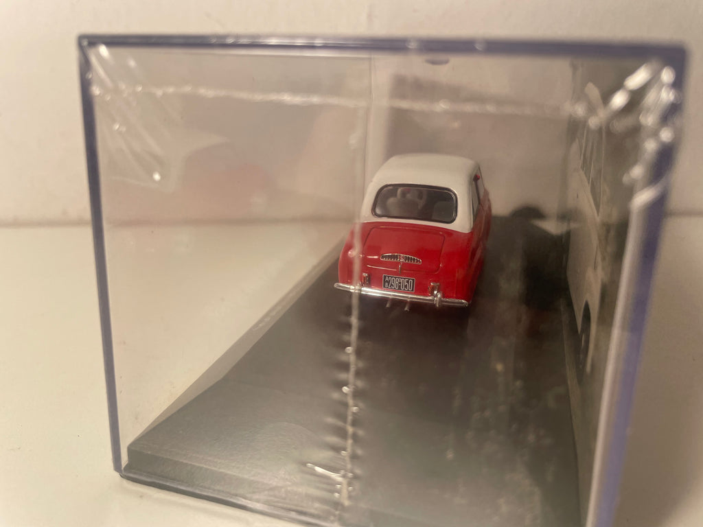 Mikrosauto Goggomobil T250 roude mat wäissem Däch 1955 - däitscht Auto