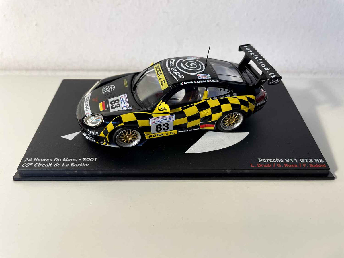 Porsche 911 GT3 RS nera e gialla + quadretti numero 83 - 24 ore di Le Mans del 2001