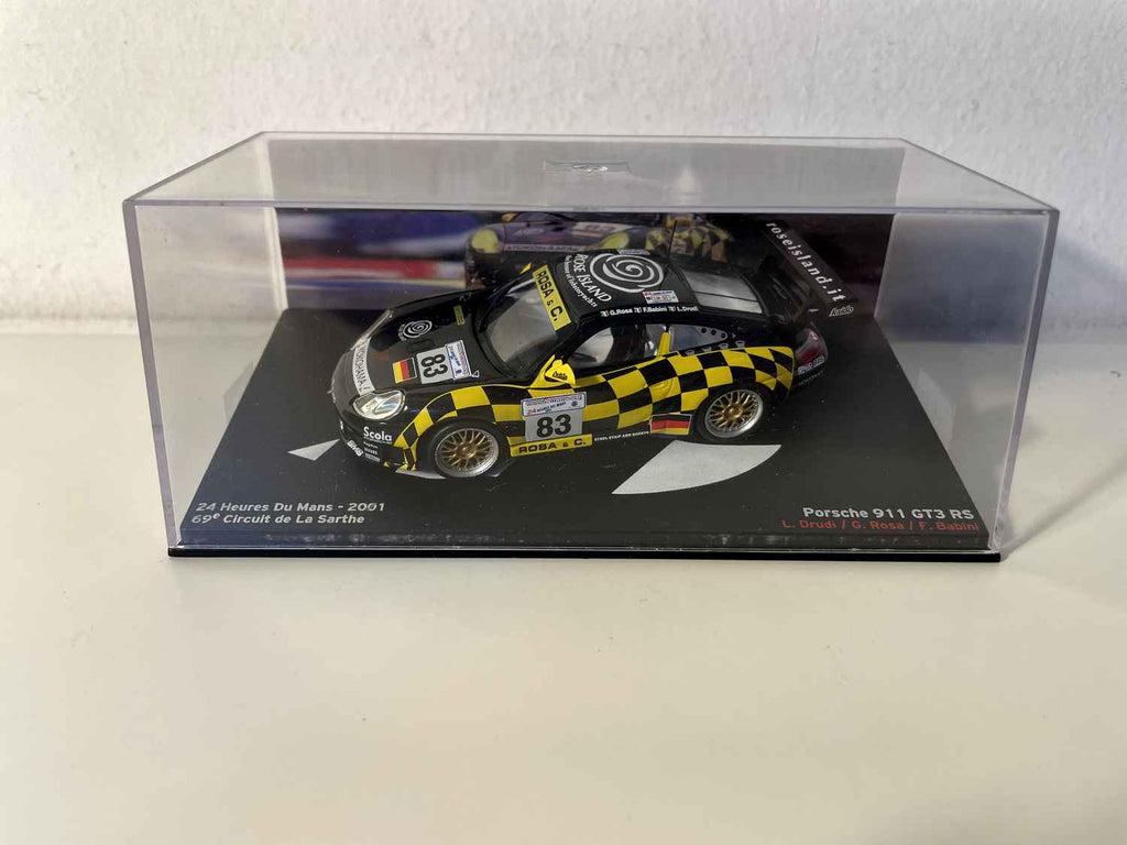 Porsche 911 GT3 RS nera e gialla + quadretti numero 83 - 24 ore di Le Mans del 2001