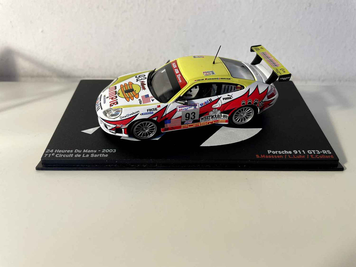 Porsche 911 GT3-RS wäiss, rout an giel Nummer 93 - 24 Stonnen vun Le Mans 2003