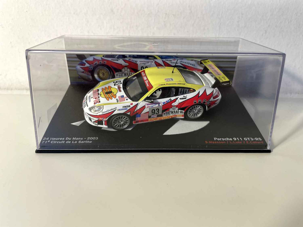 Porsche 911 GT3-RS blanche, rouge et jaune numéro 93 - 24 heures du Mans de 2003