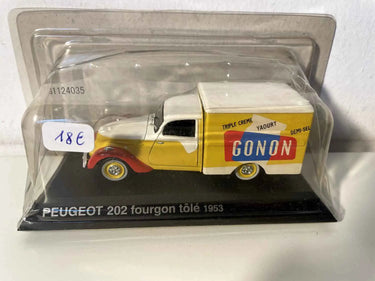 Peugeot 202 fourgon tôlé jaune et blanc de 1953 (avec publicité Gonon) Bernard Miniatures