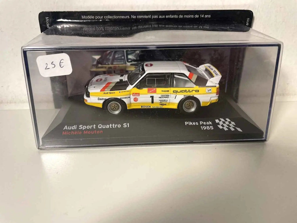 Voiture Miniature Audi Quattro S1 Sport blanche et jaune numéro1 - course de côte de Pikes Peak 1985 (Colorado) - Bernard Miniatures