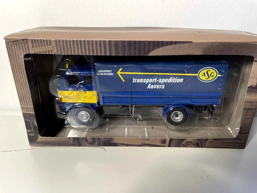 Voitures Miniatures Camion Volvo F89 phase 2 (transport - spedition ANVERS) ASG camion bleu et jaune - Bernard Miniatures