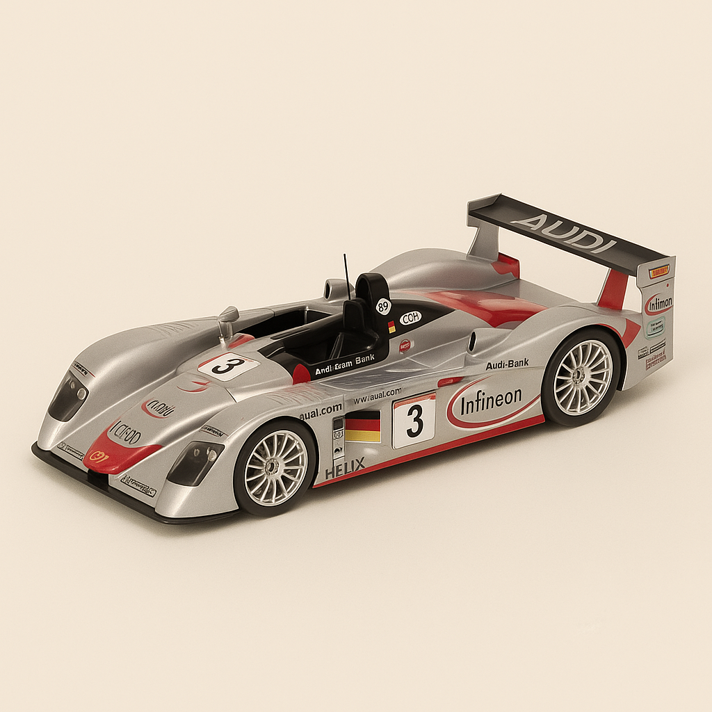 Audi R8 rojo y gris número 3 (¿24 horas de Le Mans?) - coche añadido sobre base + caja de plexiglás