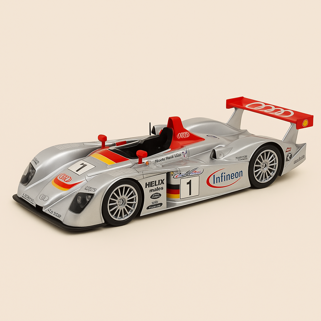 Szaro-czerwone Audi R8 numer 1 (24-godzinny wyścig Le Mans 2001)