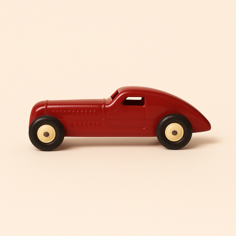 Carro de corrida aerodinâmico vermelho e cinzento da Dinky-Toys (Edições Atlas)