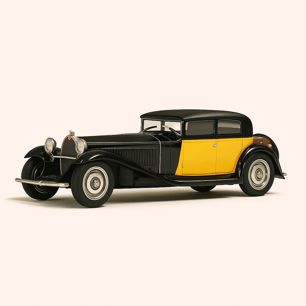 Giel a schwaarz Bugatti Typ 41 Royale Coach Weymann vun 1929