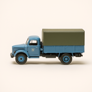 Photo professionnelle de la voiture miniature Camion Bedford Foyd Version Bachee De 1953 Camion Bleu Et Bache Grise - Image clean haute qualité