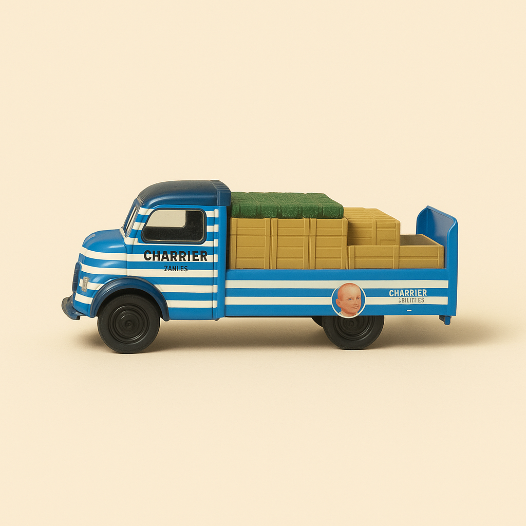 Photo professionnelle de la voiture miniature Camion Citroen Type 23 Boxer De 1962 Plateau Porte Casiers Pour Eaux Minerales Charrier - Image clean haute qualité