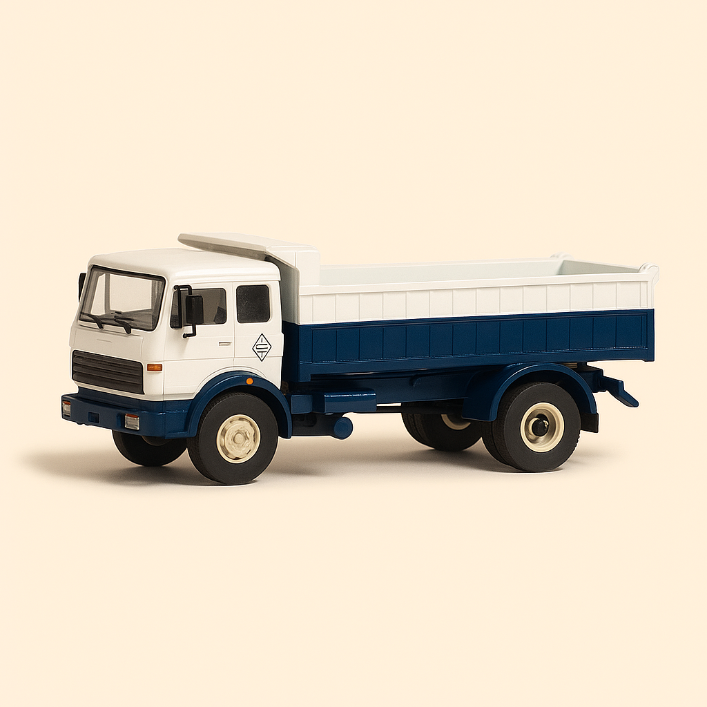 FIAT IVECO 619 truck with white cab and blue and white dump body