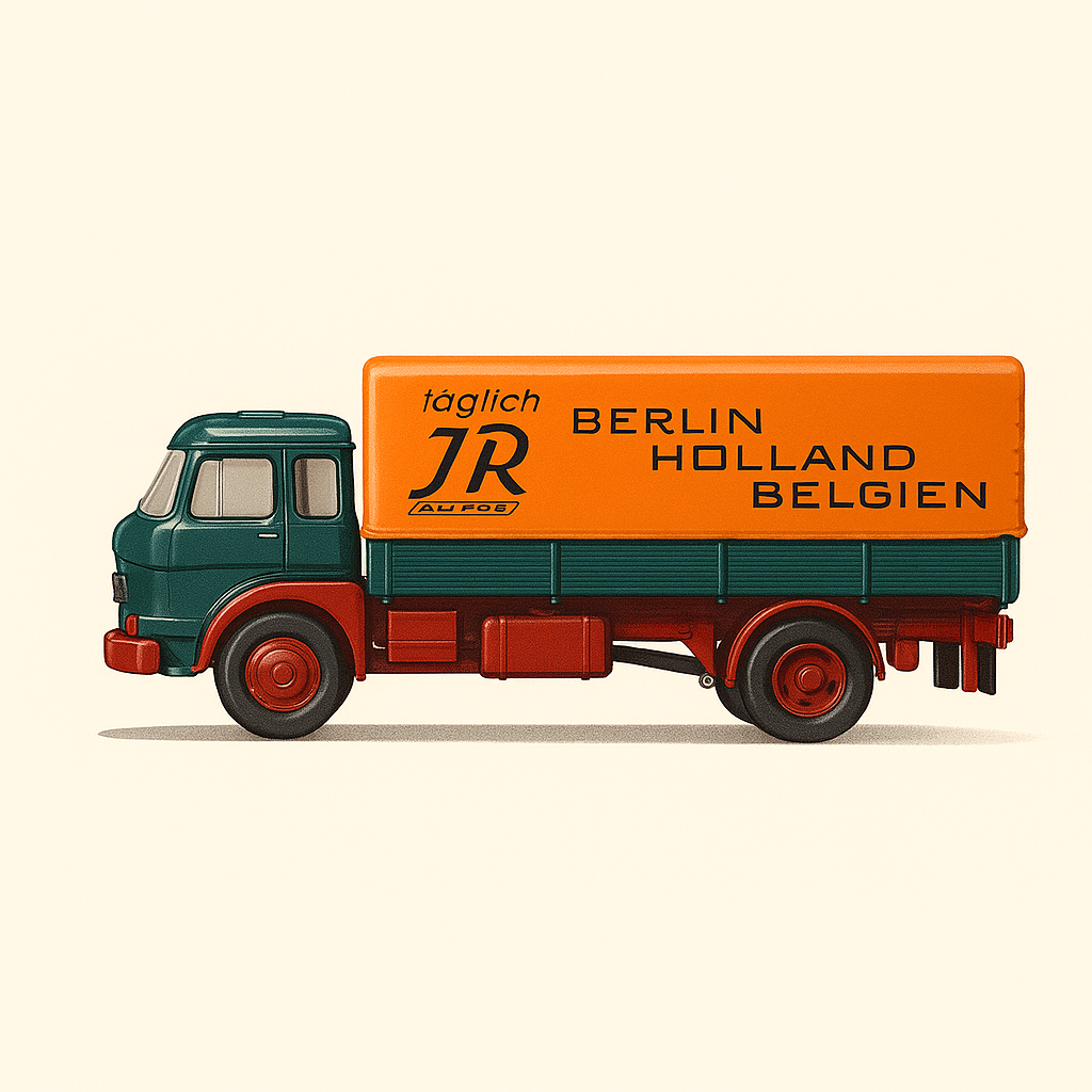 Camion Man Büssing Unterflur vun 1975 mat grénger Plattform an oranger "Holland"-Planung