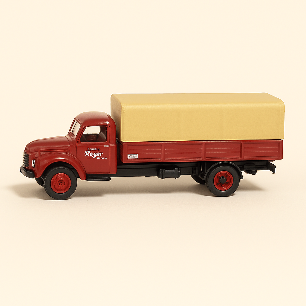 Mercedes-Benz L325 FRG 1957, czerwona ciężarówka z beżową plandeką (na drzwiach napis RUEDA)